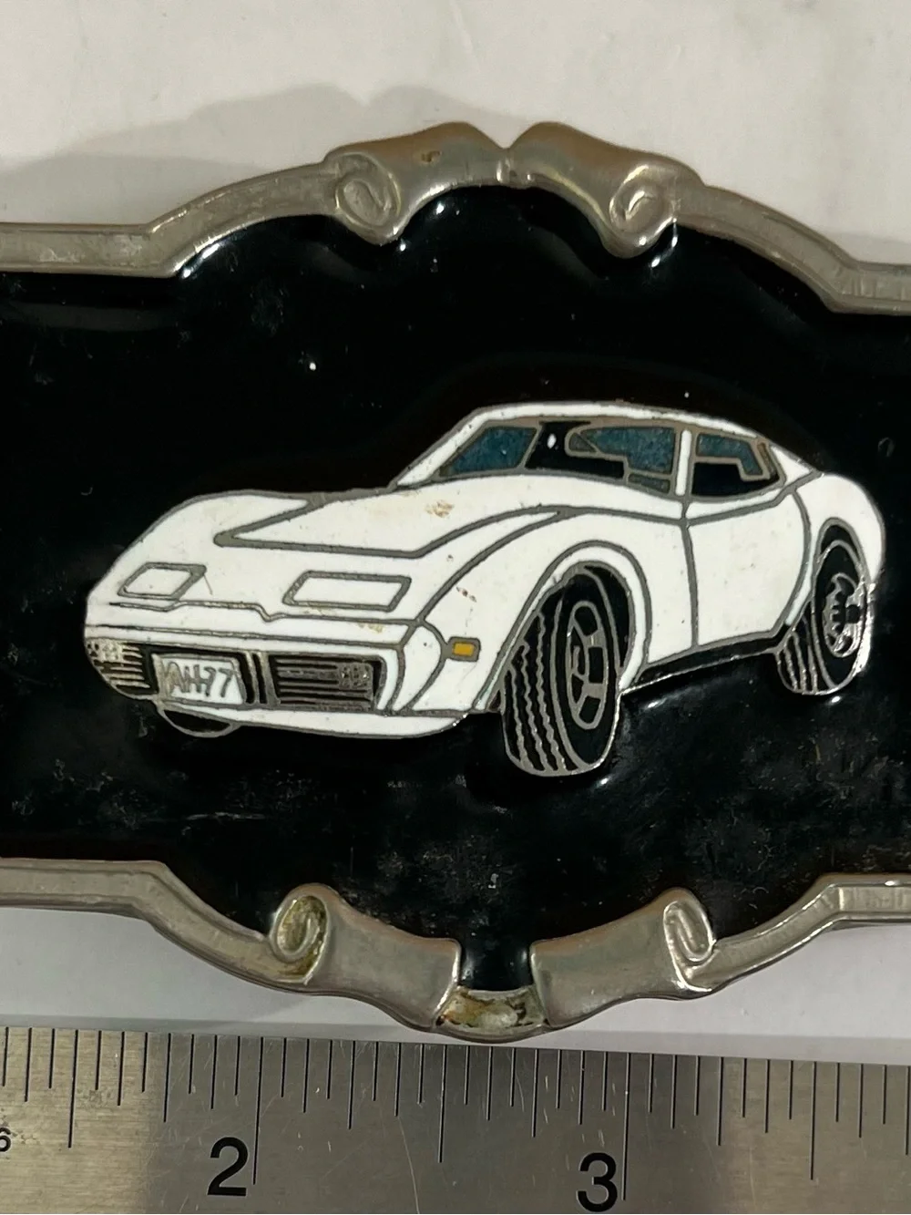 Source Unknown White Corvette Belt Buckle with Black Enamel